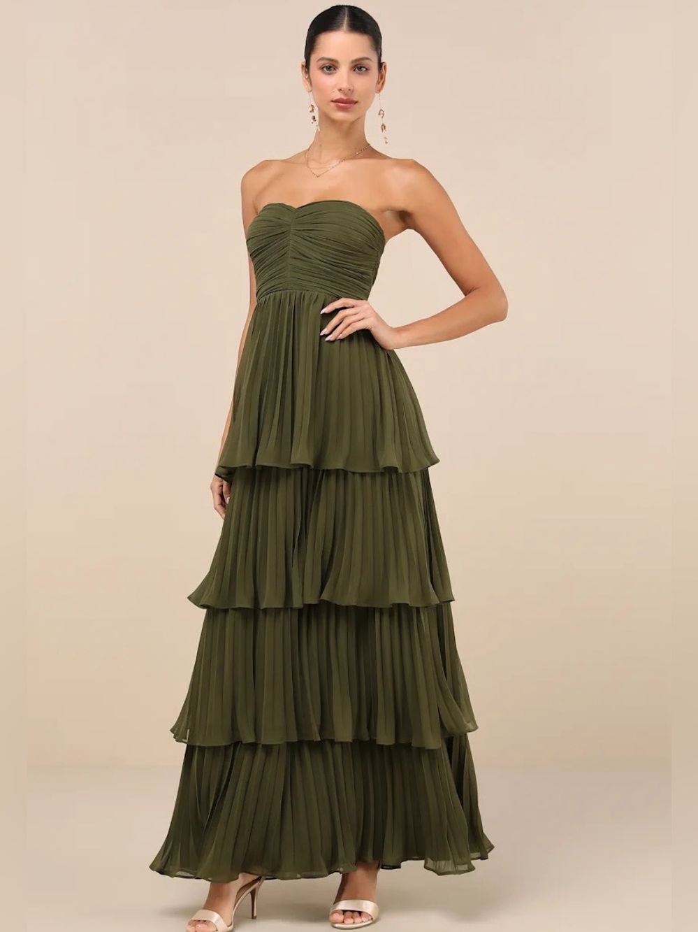 NWT Olive Green Strapless Tiered Maxi Dress